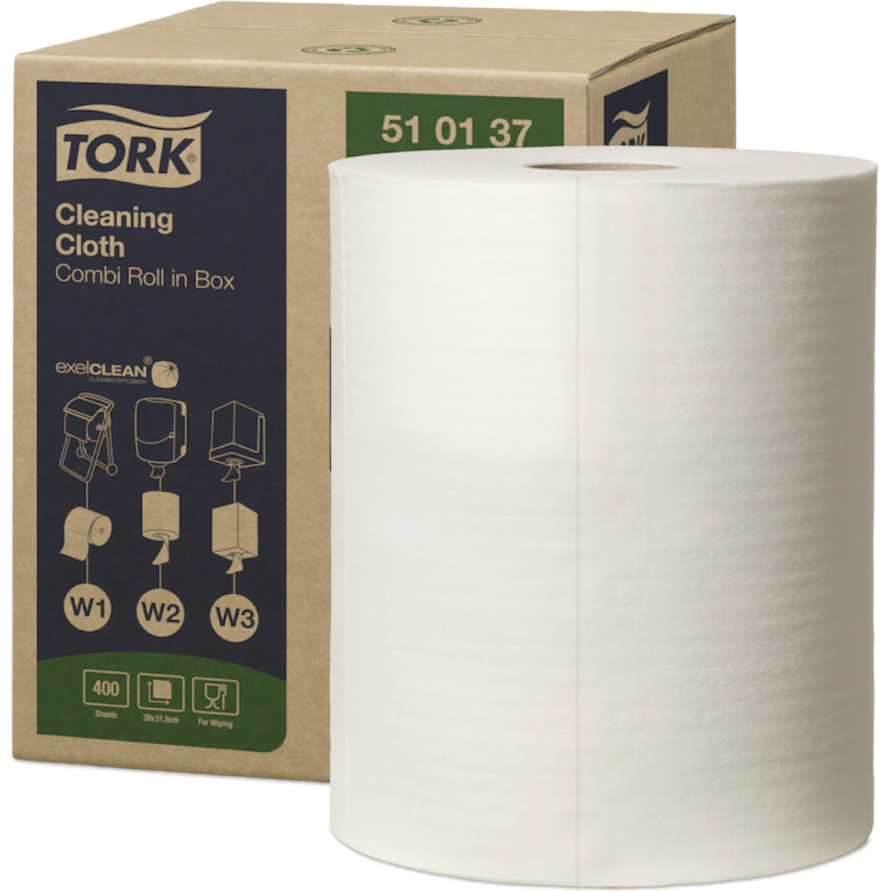 Tork 510137 White W1/W2/W3 System Multi-purpose Cleaning Cloth Combi- Roll 1-ply 38cm x 31.5cm 152m (Roll 400 Sheets) (Carton 1 Roll)